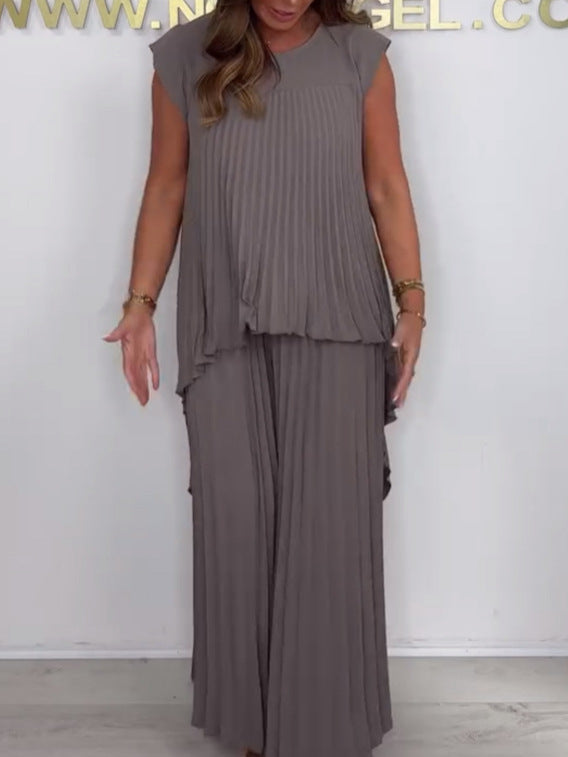 Laney™ – Pleated Top &amp; Elastic Waist Wide-Leg Pants Set