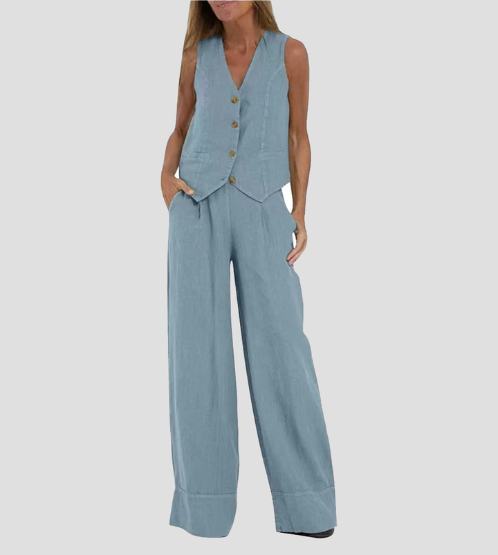Aira™ – Buttoned Vest &amp; Wide-Leg Trousers Set